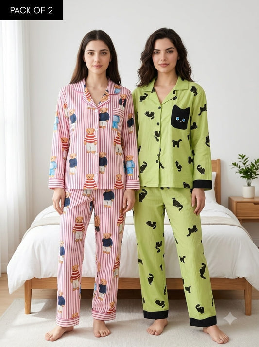 Teddy & Cat Print Pajama Duo – Pack of 2