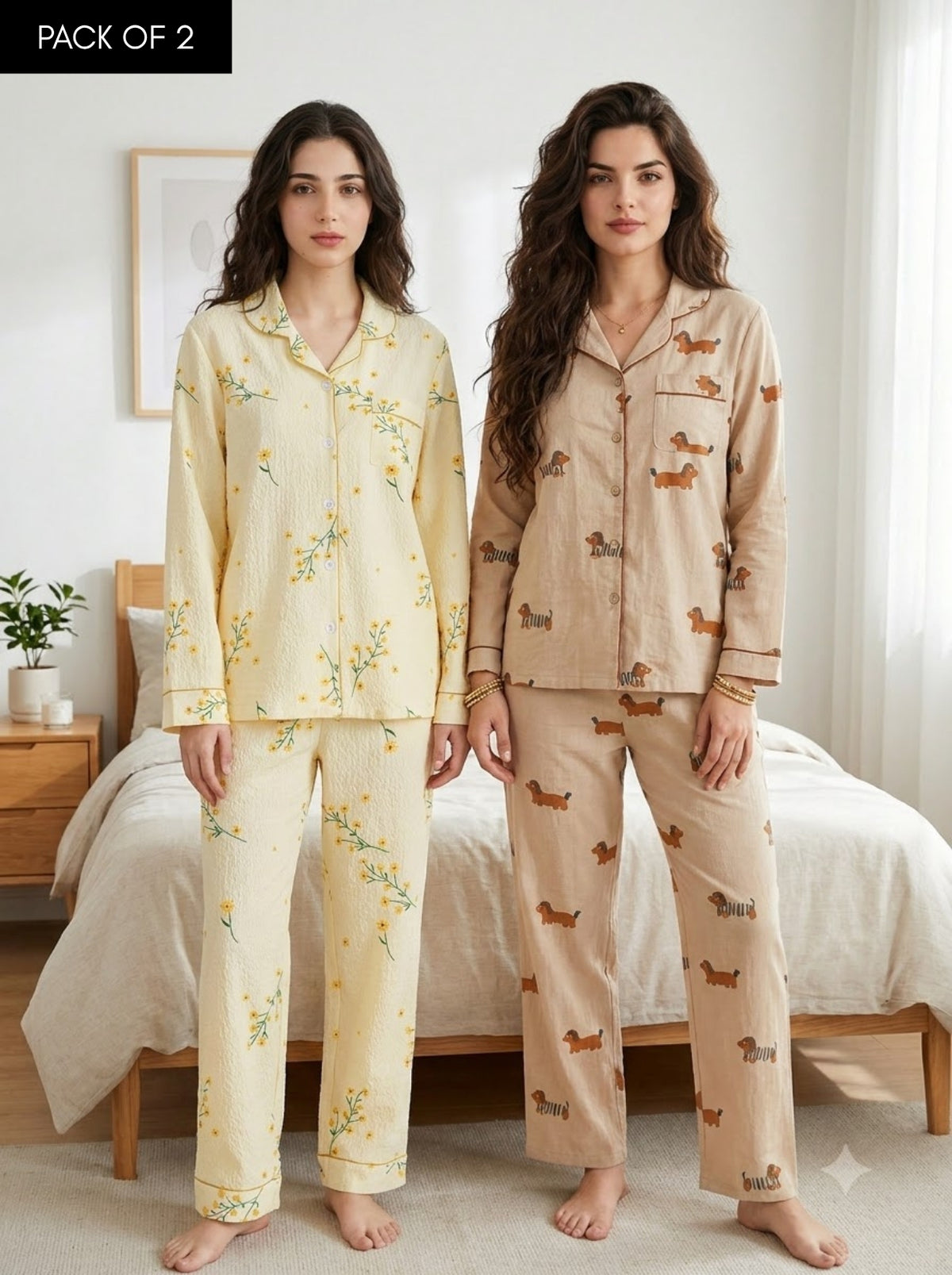 Floral & Puppy Print Pajama Duo – Pack of 2
