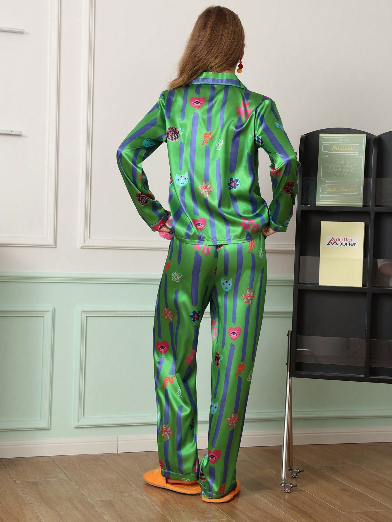 Cosmic Garden Green Satin Pajama Set