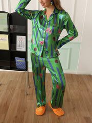 Cosmic Garden Green Satin Pajama Set