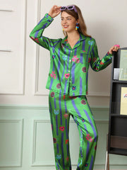 Cosmic Garden Green Satin Pajama Set