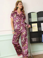 Midnight Blossom Leopard Satin Pajama Set
