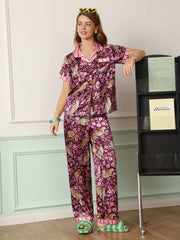 Midnight Blossom Leopard Satin Pajama Set