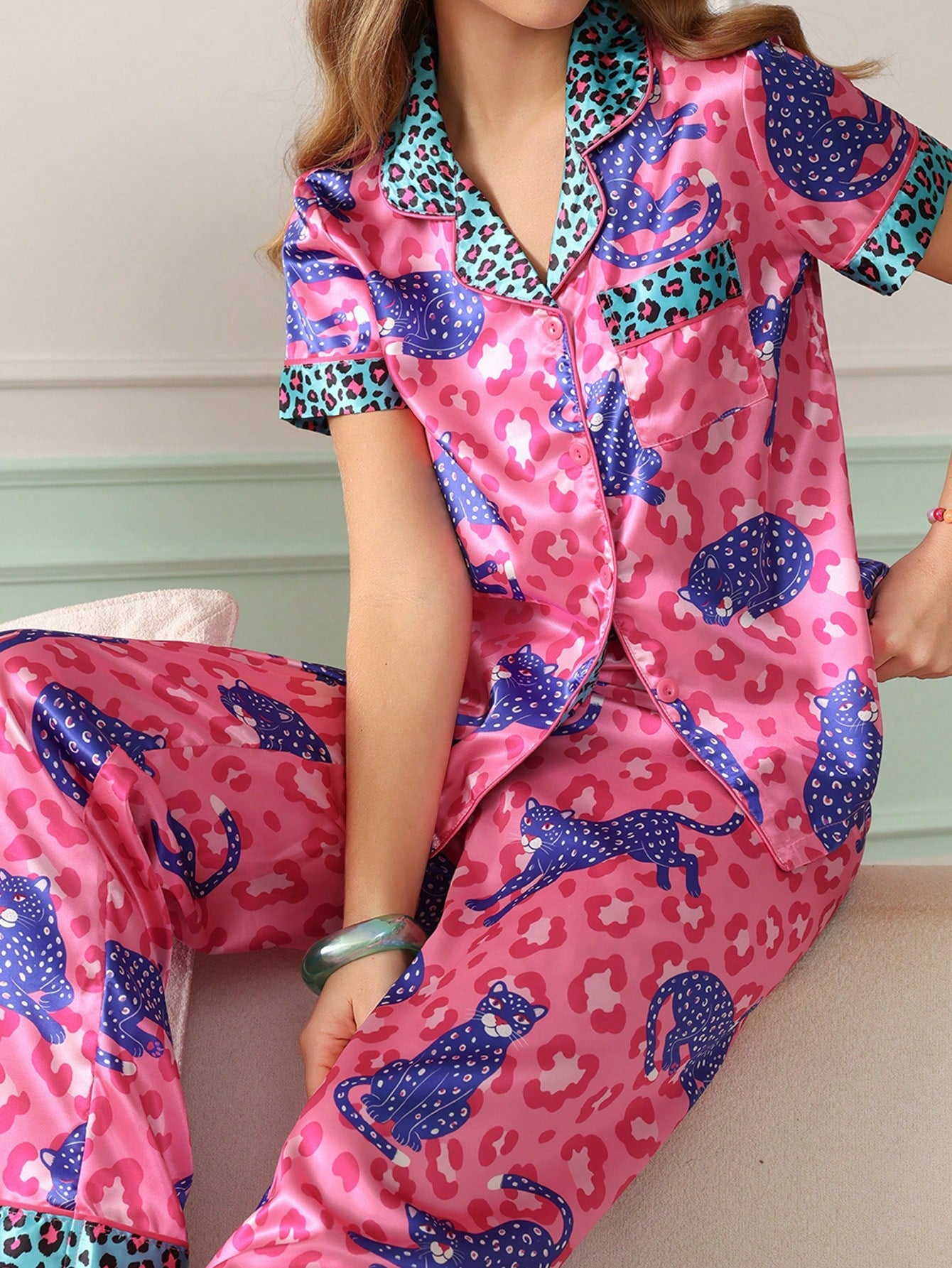 Pink Leopard Pop Satin Pajama Set