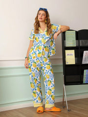 Lemon Garden Blue Tile Satin Pajama Set