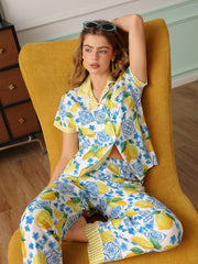 Lemon Garden Blue Tile Satin Pajama Set