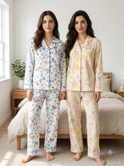 Blue Teddy & Pastel Floral Pajama Duo – Pack of 2